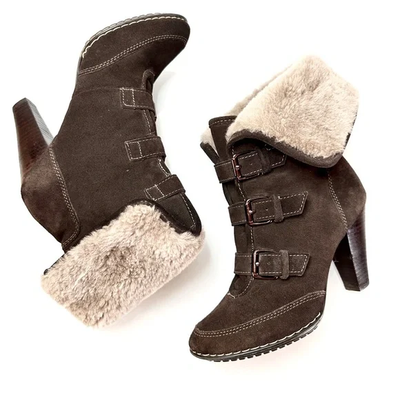 Sofft Sagan Suede Buckle Shearling Heeled Boots 8 - Picture 3 of 10